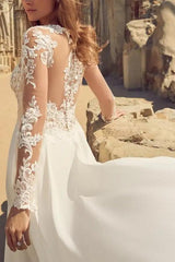 A Line V neck Long Sleeves Lace/Tulle Wedding Dress With Front Split