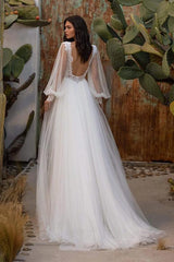 A Line V neck Long Sleeves Sweep Train Tulle Wedding Dress With Lace