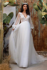A Line V neck Long Sleeves Sweep Train Tulle Wedding Dress With Lace