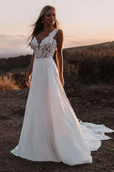 A Line V neck Sleeveless Court Train Chiffon/Lace Wedding Dress With Lace