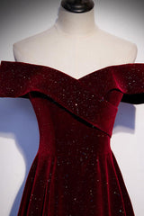 A Line Velvet Formal Dress Off the Shoulder V Neck Burgundy Long Evening Dress