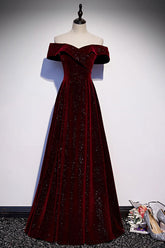 A Line Velvet Formal Dress Off the Shoulder V Neck Burgundy Long Evening Dress
