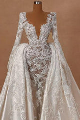 A Line Wedding Dress Lace Satin Sleeves Bridal Gown With Detachable Panel Train