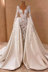 A Line Wedding Dress Lace Satin Sleeves Bridal Gown With Detachable Panel Train