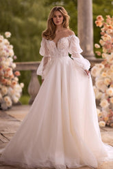 A Line Wedding Dress Long Sleeve Off the Shoulder Bridal Gown With Lace Appliques