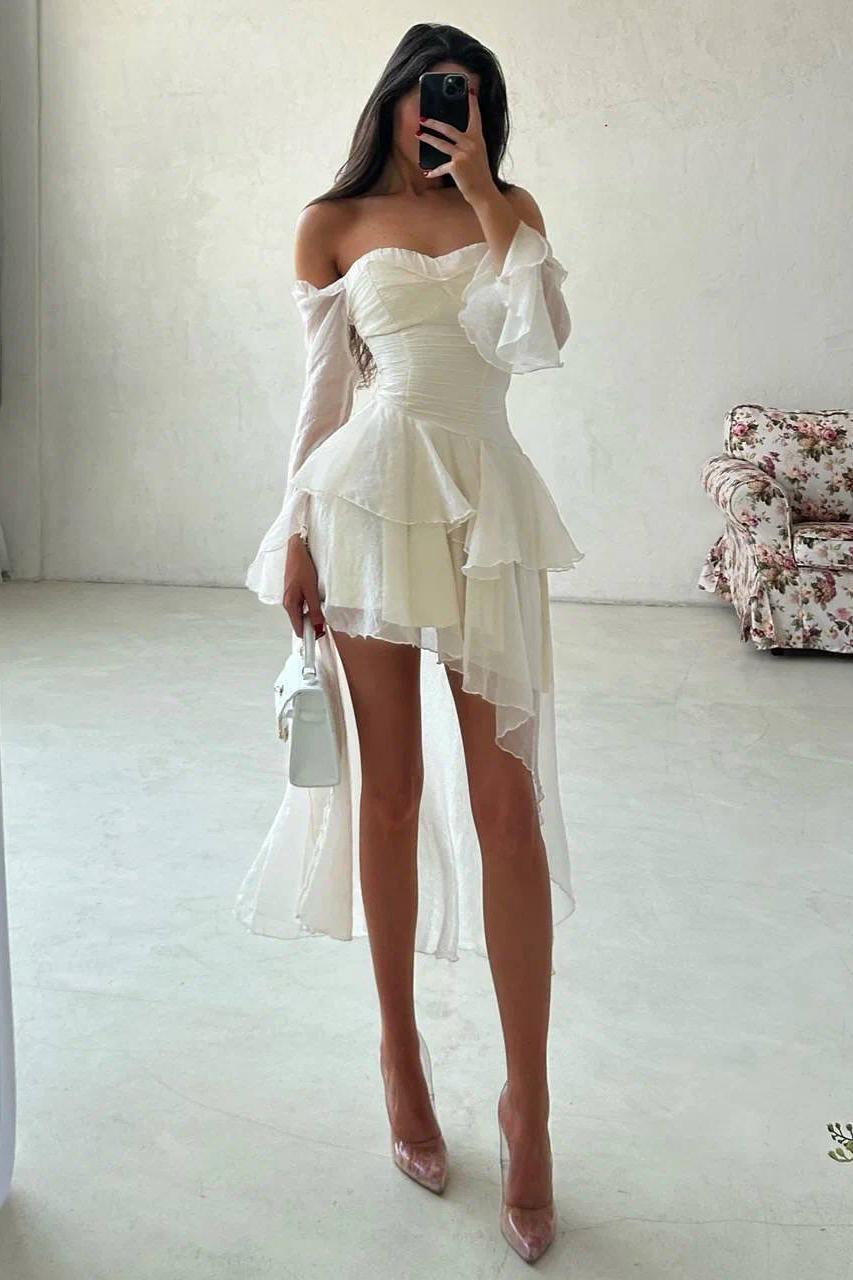 A Line Wedding Dress Long Sleeve Off the Shoulder Ruffled High Low Formal Dress