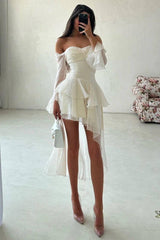 A Line Wedding Dress Long Sleeve Off the Shoulder Ruffled High Low Formal Dress
