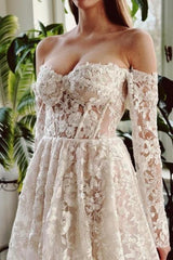 A Line Wedding Dress Off The Shoulder Lace Beading Bridal Gown With Sleeves