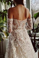 A Line Wedding Dress Off The Shoulder Lace Beading Bridal Gown With Sleeves