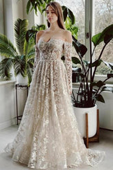 A Line Wedding Dress Off The Shoulder Lace Beading Bridal Gown With Sleeves