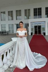 A Line Wedding Dress Off The Shoulder Sleeveless Appliques Lace White Bridal Gown