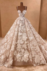 A Line Wedding Dress Spaghetti Straps Lace Appliques Sleeveless Bridal Gown