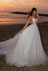 A Line Wedding Dress Spaghetti Straps Tulle Bridal Gown With Lace Appliques