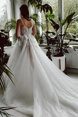 A Line Wedding Dress Spaghetti Straps Tulle Lace Bridal Gown With Slit