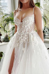 A Line Wedding Dress Spaghetti Straps Tulle Lace Bridal Gown With Slit