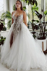 A Line Wedding Dress Spaghetti Straps Tulle Lace Bridal Gown With Slit