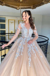 A Line Wedding Dress Tulle Lace V Neck Long Sleeve Long Bridal Gown With Appliques Ruffles