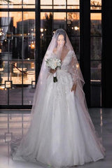 A Line Wedding Dress V Neck Lace Bridal Gown With Sleeves