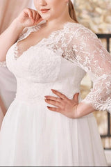 A Line Wedding Dress with Curve Lace Plunge Sleeves