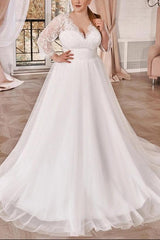 A Line Wedding Dress with Curve Lace Plunge Sleeves
