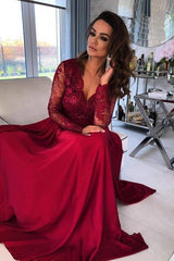 A Line Wedding Guest Dress Long Sleeve V Neck Formal Dress With Lace Appliques