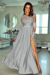 A Line Wedding Guest Dress Long Sleeve V Neck Formal Dress With Lace Appliques