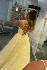 A Line Yellow Spaghetti Straps Prom Dress