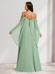 A-Line/Princess Cold Shoulder Ruched Floor-Length Maternity Bridesmaid Dresses with Ruffles & Cape