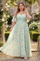 A-Line/Princess Cold Shoulder Short Sleeves Ruched Plus Size Floral Bridesmaid Dresses