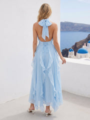 A-Line/Princess Halter Sleeveless Asymmetrical Bridesmaid Dresses With Ruffles & 3D Floral