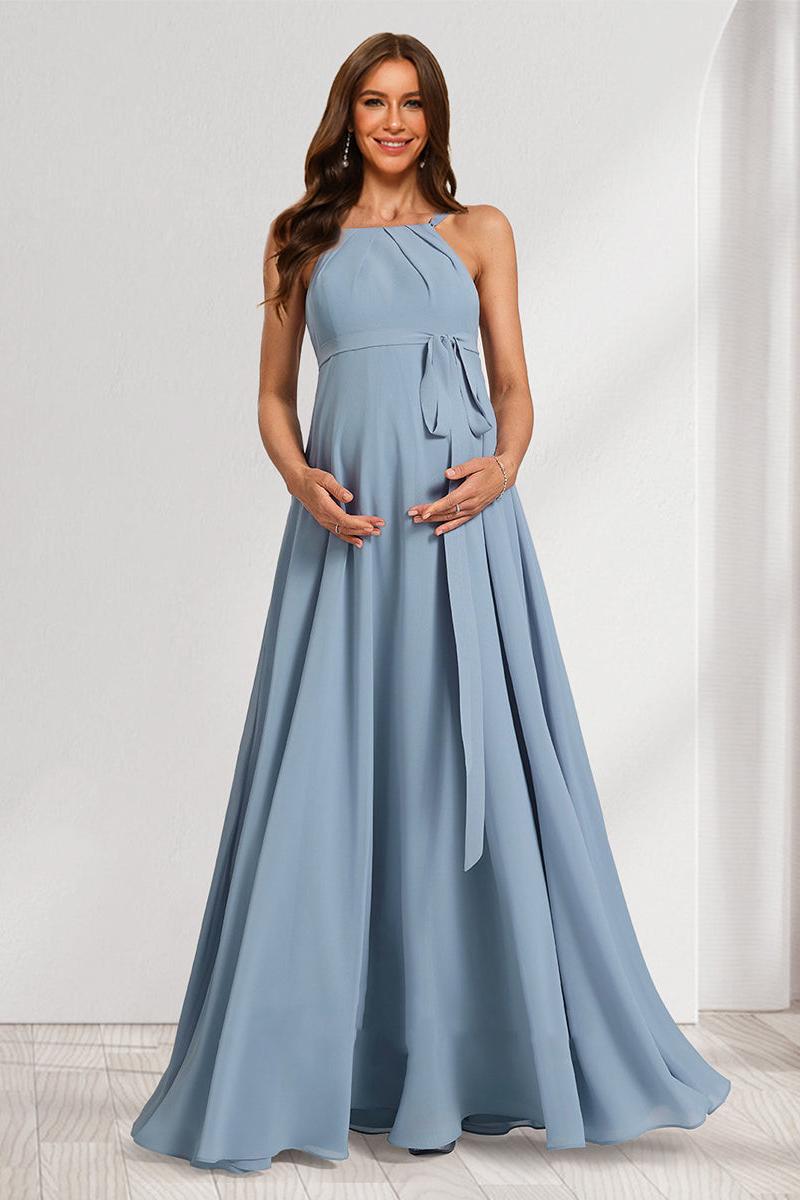 A-Line/Princess Halter Sleeveless Floor-Length Maternity Bridesmaid Dresses with Bow & Pleats
