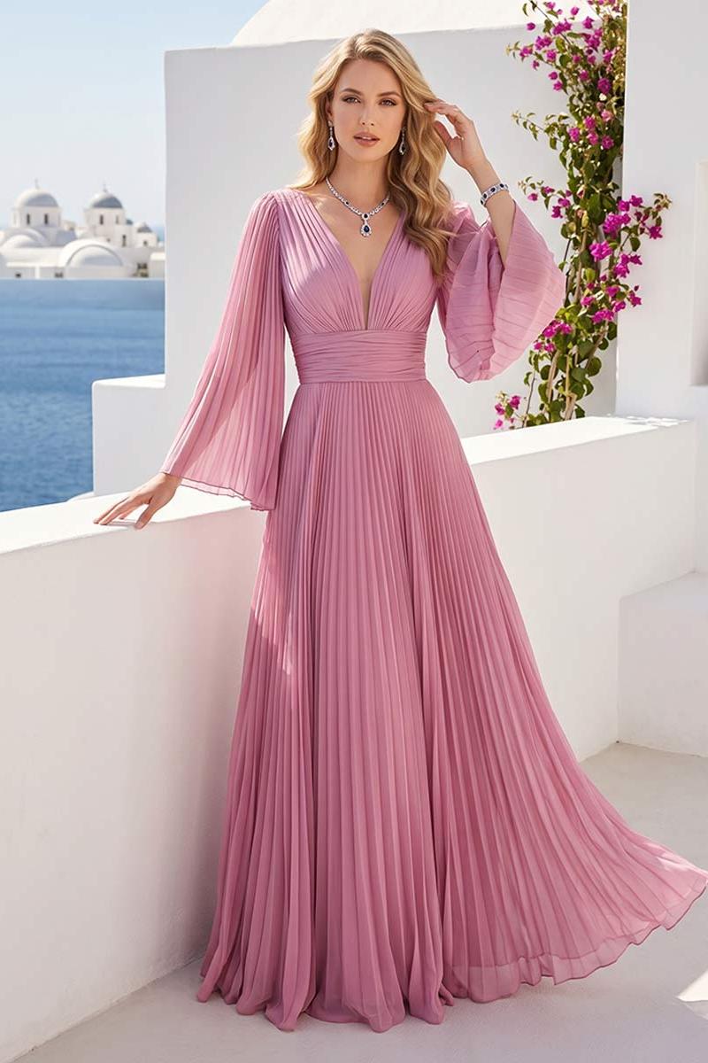 A-Line/Princess Long Sleeves V-Neck Floor Length Bridesmaid Dresses with Pleats