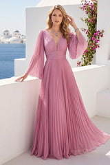 A-Line/Princess Long Sleeves V-Neck Floor Length Bridesmaid Dresses with Pleats