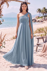 A-Line/Princess One-Shoulder Sleeveless Floor-Length Bridesmaid Dresses With Pleats & Ruffles