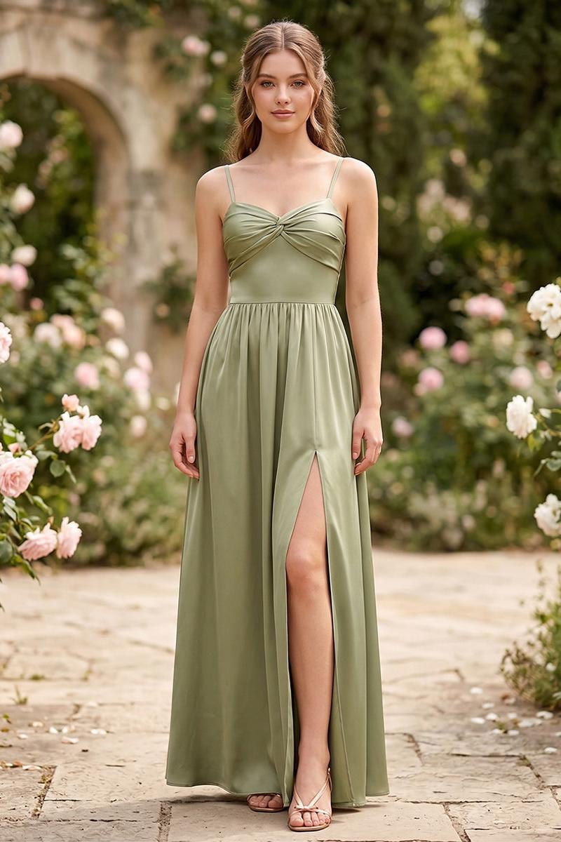 A-Line/Princess Spaghetti Straps Sleeveless Floor-Length Ruched Bridesmaid Dresses with Split Side