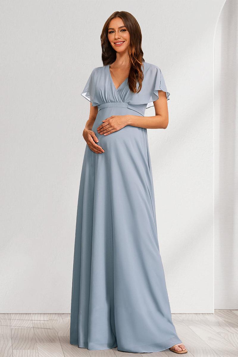 A-Line/Princess V-Neck Flutter Sleeves Maternity Bridesmaid Dresses with Bow & Ruffles