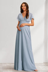 A-Line/Princess V-Neck Flutter Sleeves Maternity Bridesmaid Dresses with Bow & Ruffles
