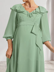 A-Line/Princess V-Neck Long Sleeves Maternity Bridesmaid Dresses with Ruffles & Bow