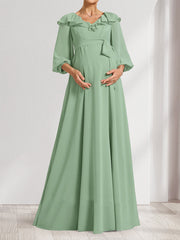 A-Line/Princess V-Neck Long Sleeves Maternity Bridesmaid Dresses with Ruffles & Bow