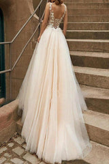 A Line/Princess V Neck Tulle Lace Sweep Train Wedding Dress With Lace