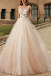 A Line/Princess V Neck Tulle Lace Sweep Train Wedding Dress With Lace