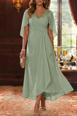 A-Line/Princess V-Neck Chiffon Mother of the Bride Dresses Cape Sleeves Ruched Lace Asymmetrical Tea-Length