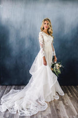 A-line Wedding Dress Lace Long Sleeve Crew Neck Bridal Gown