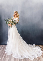 A-line Wedding Dress Lace Long Sleeve Crew Neck Bridal Gown