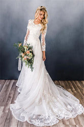A-line Wedding Dress Lace Long Sleeve Crew Neck Bridal Gown