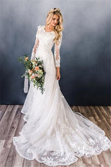 A-line Wedding Dress Lace Long Sleeve Crew Neck Bridal Gown