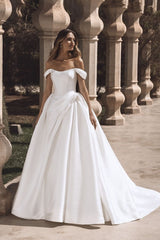 Dreamyannie A Line Wedding Dress Satin Off the Shoulder Bridal Gown