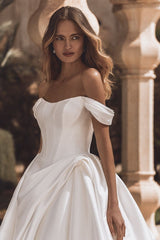 Dreamyannie A Line Wedding Dress Satin Off the Shoulder Bridal Gown