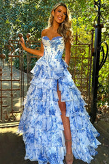 A Line Prom Dress Blue Sweetheart Corset Floral Tiered Lace Up Formal Dress