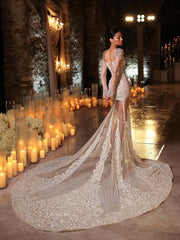 Mermaid Prom Dress Beaded Long Sleeve Tulle Floor Length Formal Gown
